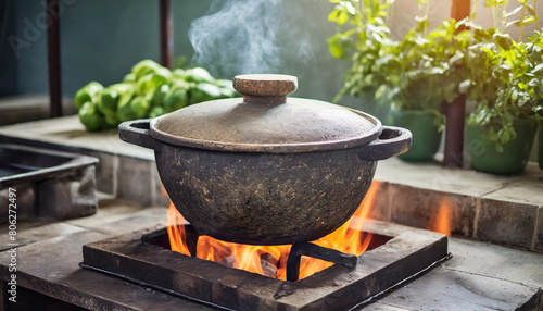 Stone pot cooking over stove, steam rising, symbolizing tradition, warmth, and home-cooked meals