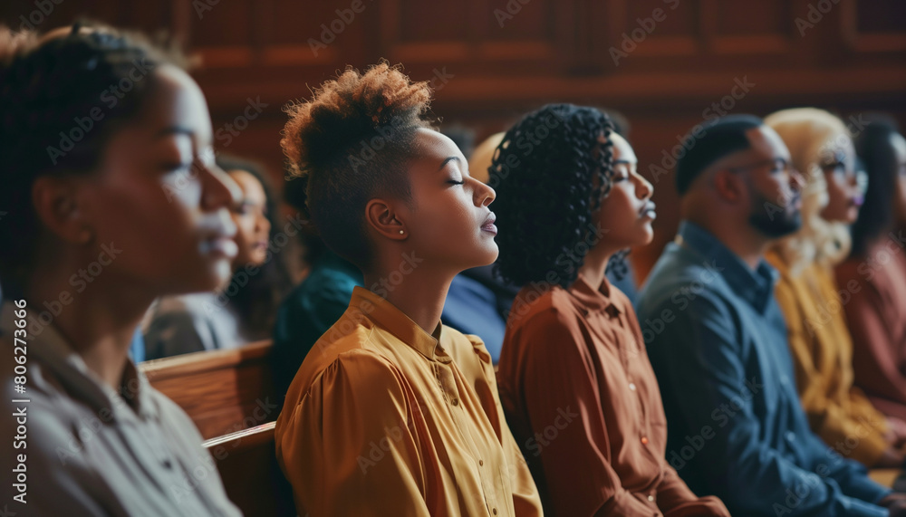 of individuals from different backgrounds coming together for a prayer meeting in a church, showcasing community and unity, church, conference, with copy space of individuals from different backgrounds coming together for a prayer meeting in a church, showcasing community and unity, church, conference, with copy space