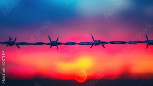 barbed wire fence with sunset in the background