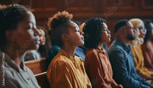 of individuals from different backgrounds coming together for a prayer meeting in a church, showcasing community and unity, church, conference, with copy space photo