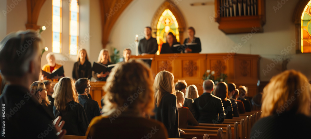 Naklejka premium featuring a choir rehearsing in a church, their harmonious singing filling the space, with listeners in the background enjoying the music, church, conference, with copy space