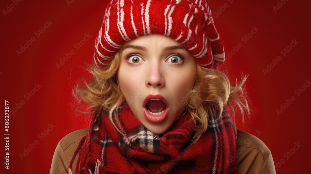 Surprised Woman in Winter Attire on Red Background Surprised Woman in Winter Attire on Red Background