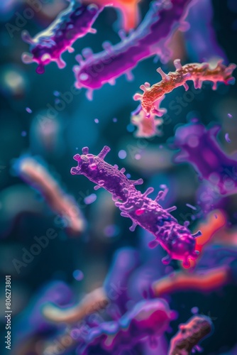 Dive into microscopic world  where selective focus brings attention to specific bacilli in medical research. microcosm of purple bacilli in dreamy blur  with few in focus