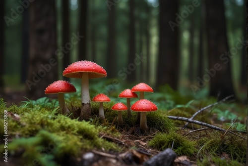 red fly agaric on the background of the forest