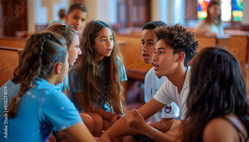 showing a group of teenagers participating in a youth group meeting in a church hall, discussing and sharing their thoughts, church, conference, with copy space