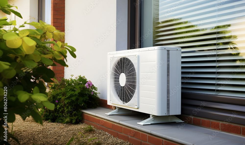 Heat pump in front of the family house. Concept showing renewable energy sources. Heat pump in front of the family house. Concept showing renewable energy sources.