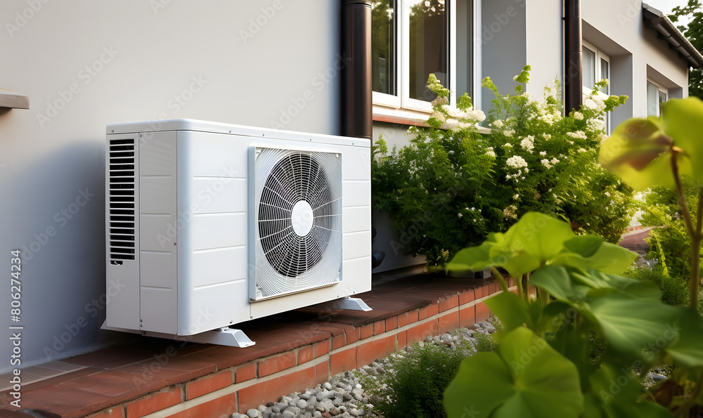 Green energy at home. Heat pump on the wall of the house. Ecological heating solution. Green energy at home. Heat pump on the wall of the house. Ecological heating solution.