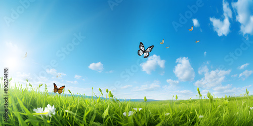 Spring green grass and flying butterflies in nature against blue spring sky with white clouds. Spring meadow panorama.