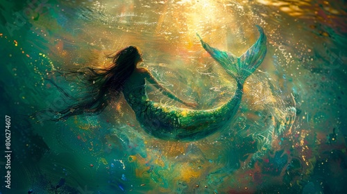 Beautiful green and yellow colored mermaid swimming in the ocean with the sun rays shining through the water.