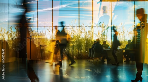 Warm, sunlit image of business professionals walking through a corporate building, evoking themes of teamwork and progress.