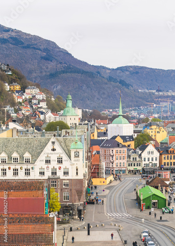 View from above of old city center . The colorful historic buildings with traditional architecture . Bergen, Norway. photo