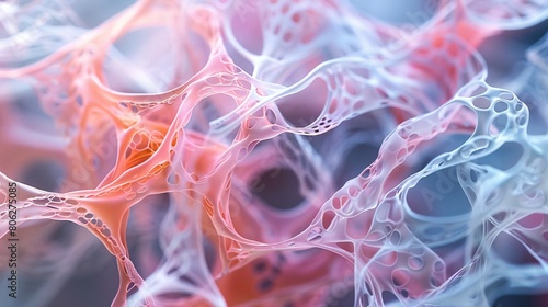 Detailed image of collagen fibers intertwined with vibrant, glowing elastin in a cellular dance. photo