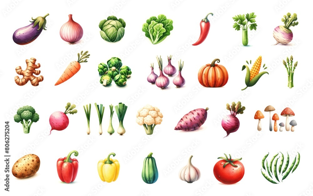 Vegetables collection set watercolor painting style on white background Vegetables collection set watercolor painting style on white background