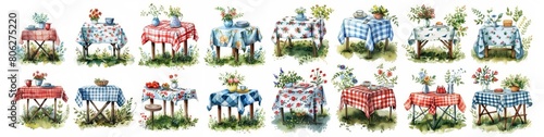 Picnic tablecloth clipart with a floral pattern collection set watercolor painting style on white background