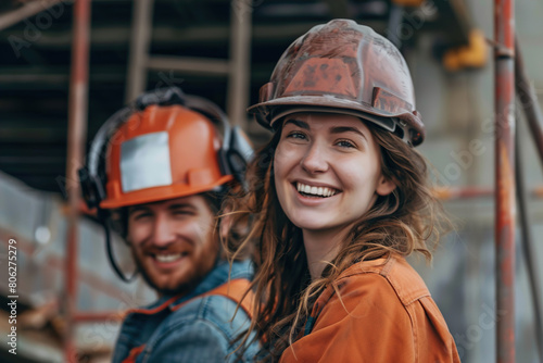 happy woman and man with a helmet on a construction site