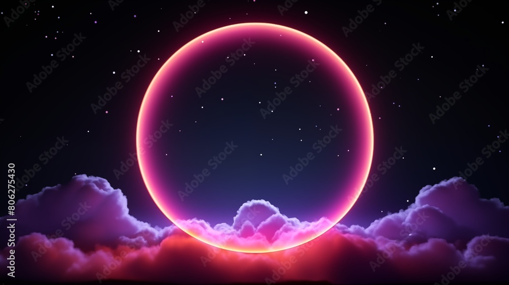 Glowing neon ring circle on a dark background with clouds or smoke. Decorative horizontal banner. Digital raster bitmap photo style illustration. Purple, pink and blue colors. AI artwork.	