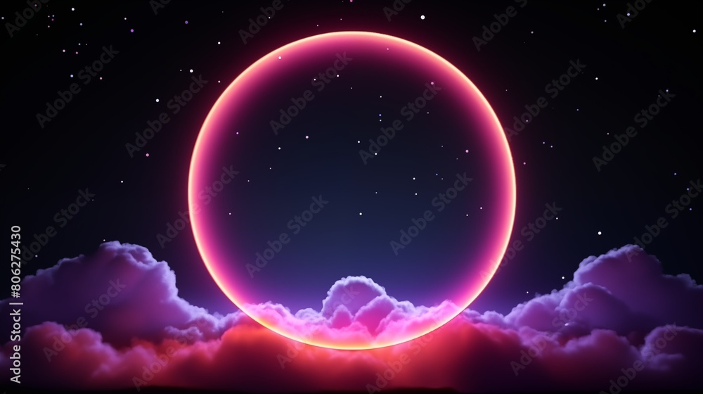 Fototapeta premium Glowing neon ring circle on a dark background with clouds or smoke. Decorative horizontal banner. Digital raster bitmap photo style illustration. Purple, pink and blue colors. AI artwork. 