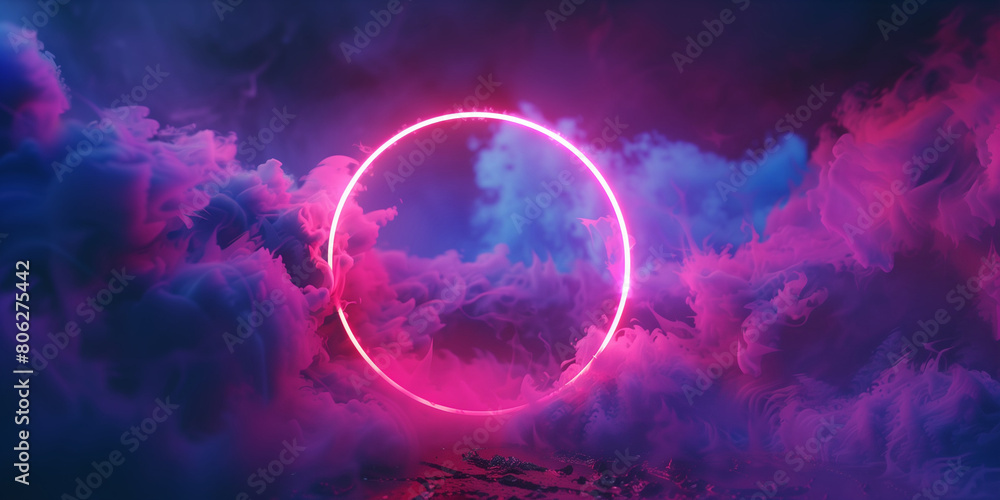 Glowing neon ring circle on a dark background with clouds or smoke. Decorative horizontal banner. Digital raster bitmap photo style illustration. Purple, pink and blue colors. AI artwork. Glowing neon ring circle on a dark background with clouds or smoke. Decorative horizontal banner. Digital raster bitmap photo style illustration. Purple, pink and blue colors. AI artwork.