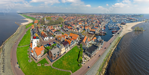 Aerial panorama from the tradtional village Urk with the lighthouse at the IJsselmeer in the Netherlands