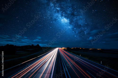 Starry night drive. Vibrant highways across countryside, a tapestry of movement and connection