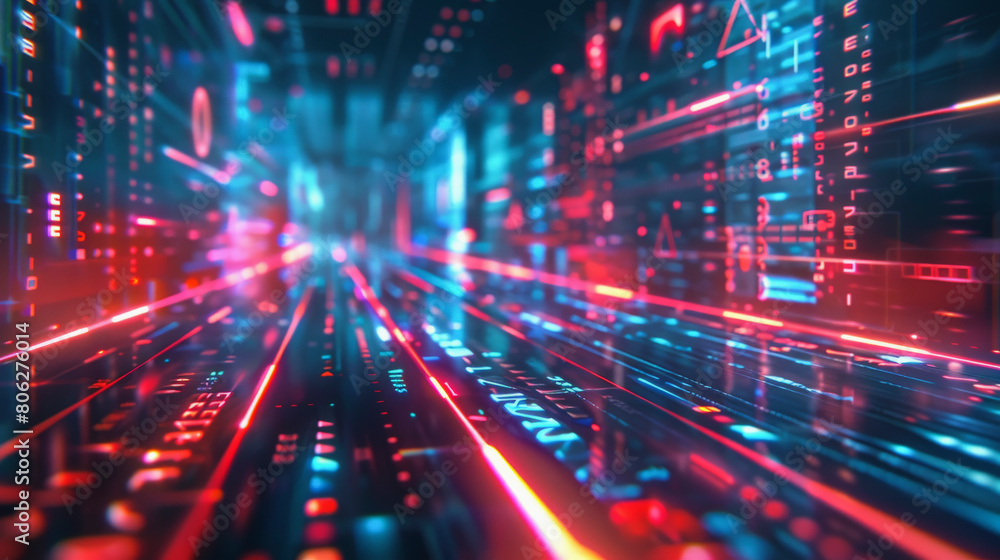 The image depicts a digital 3D render of a futuristic data stream or cyberspace tunnel with glowing neon lights and abstract technological elements.