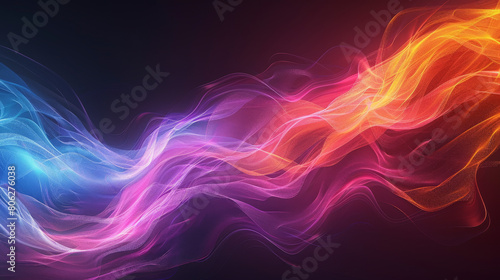 The image depicts an abstract digital artwork of flowing  vibrant ribbons of light in blue  purple  and orange hues against a dark background.