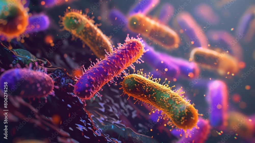 Naklejka premium Festive bacteria celebrating on the dermal layer, glowing under a microscopic lens