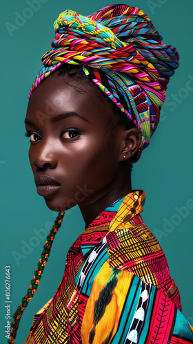 Portrait of a African woman with colorful scarf and outfit. African Head Wraps, Headwrap in bold colors. 