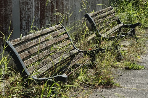 Two public benches made of wood and steel, with tall uncut grass
and damaged by bad weather and neglect.