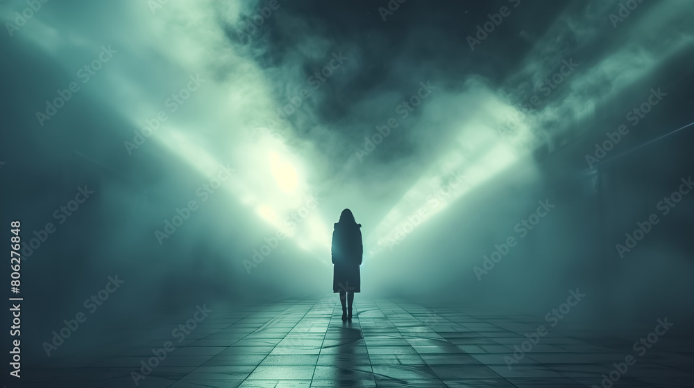 Image with futuristic lines and subtle lighting, man standing in the futuristic location Image with futuristic lines and subtle lighting, man standing in the futuristic location