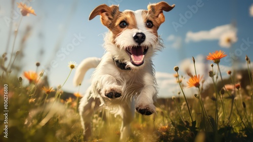 Funny Jack Russell Terrier dog running in the field with flowers