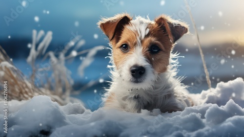 Jack russell terrier dog in the snow in winter.