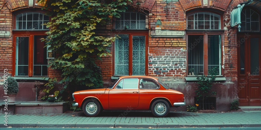 Red Car Parked in Front of Brick Building Stock Photo | Adobe Stock