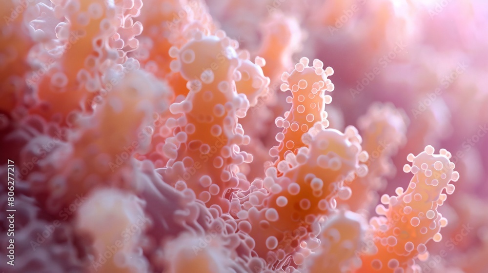 Happy bacterial colony flourishing and dancing on human skin, captured in soft focus