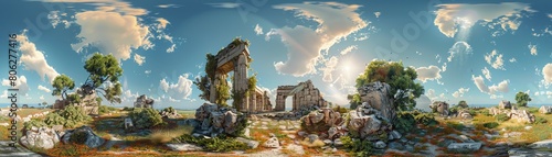 An ancient Greek temple stands in ruins, surrounded by a lush landscape