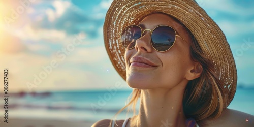 Woman Wearing Straw Hat and Sunglasses on Beach © xartproduction