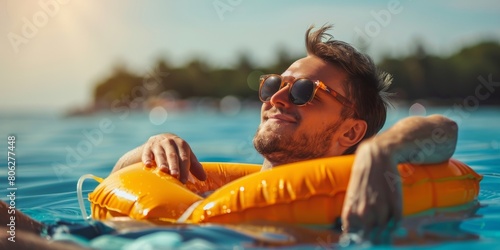 Man Floating on Inflatable Raft in Water