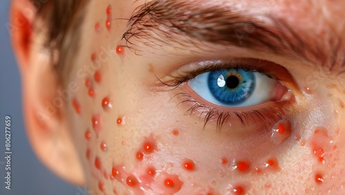 Closeup of red pimples blisters and rash on face. Concept Skin Conditions, Facial Rashes, Red Blisters, Closeup Photography, Dermatology Capture
