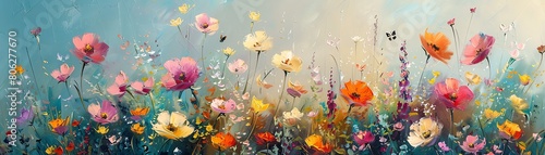 vibrant painting of a colorful meadow, filled with a variety of flowers. the flowers are painted in a loose, impressionistic style. the meadow is depicted at sunrise.