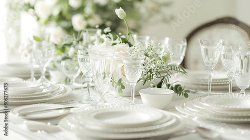 A tastefully decorated wedding table featuring fine china and sparkling glassware, set against a backdrop of pure white elegance. photo