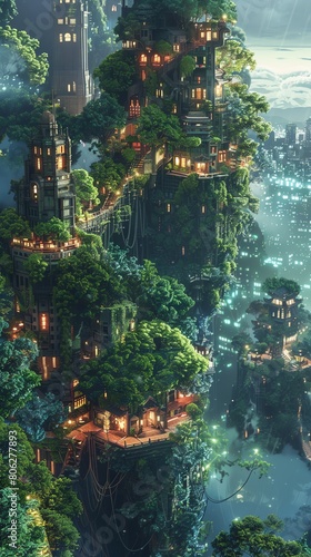 A digital painting of a city built on top of a giant tree. The city is surrounded by a lush forest and there are waterfalls coming down from the top of the tree. © Yasinton