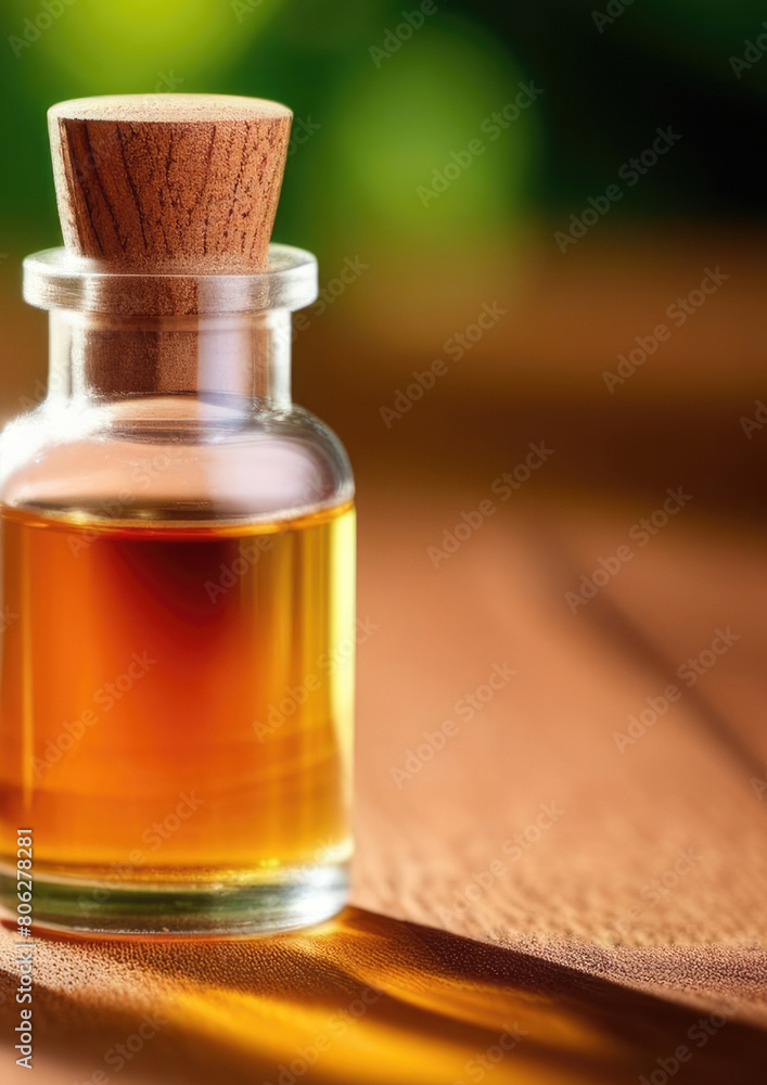 a vertical banner, a small glass bottle of nutmeg oil on a wooden table, a pile of nutmegs, a forest on a background, a sunny day a vertical banner, a small glass bottle of nutmeg oil on a wooden table, a pile of nutmegs, a forest on a background, a sunny day