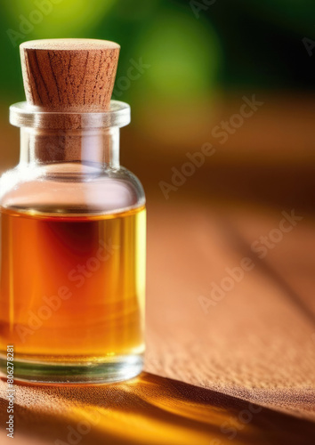 a vertical banner, a small glass bottle of nutmeg oil on a wooden table, a pile of nutmegs, a forest on a background, a sunny day