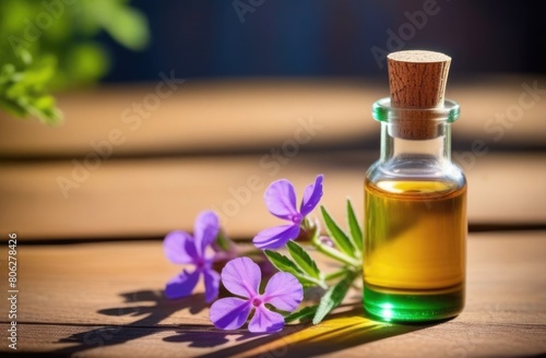a small transparent glass bottle of verbena oil on a wooden table  fresh purple flowers  a sprig of verbena  eco-friendly medicinal solution  sunny day