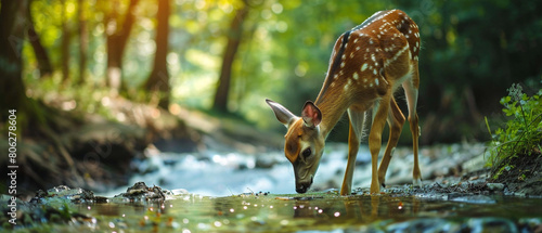 A beautiful deer gracefully drinking from a peaceful forest stream under a tranquil canopy. photo