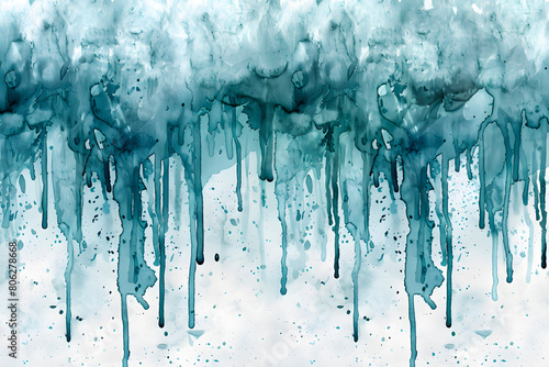 Watercolor bright illustration in shades of blue. Effect of falling drops on a white background.