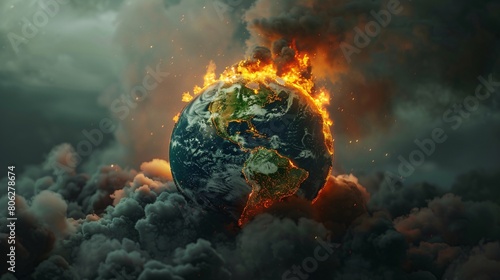 Imaginative Earth in crisis, 3D style with continents wrapped in flames and smoke, a stark warning.