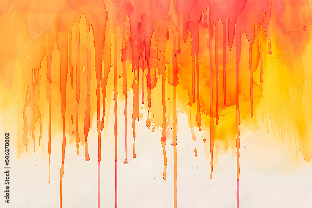 Fototapeta premium Watercolor bright illustration in shades of orange. Effect of falling drops on a white background.