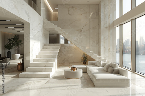 A modern white living room with floor-to-ceiling windows that bathe the space in natural light  highlighting the elegance of a marble staircase