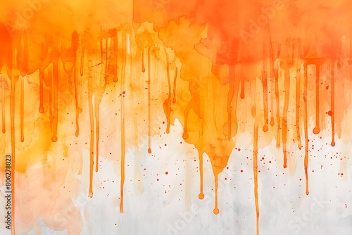 Watercolor bright illustration in shades of orange. Effect of falling drops on a white background.